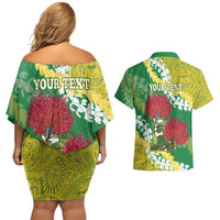 Personalized Leilehua Hawaii High School Couples Matching Off Shoulder Short Dress and Hawaiian Shirt Puakenikeni Lei Hawaiian Pattern - Polynesian Pride