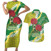 Personalized Leilehua Hawaii High School Couples Matching Short Sleeve Bodycon Dress and Hawaiian Shirt Puakenikeni Lei Hawaiian Pattern LT14 Green - Polynesian Pride