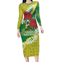 Personalized Leilehua Hawaii High School Family Matching Long Sleeve Bodycon Dress and Hawaiian Shirt Puakenikeni Lei Hawaiian Pattern LT14 Mom's Dress Green - Polynesian Pride