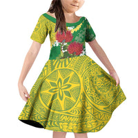 Personalized Leilehua Hawaii High School Family Matching Off Shoulder Short Dress and Hawaiian Shirt Puakenikeni Lei Hawaiian Pattern LT14 Daughter's Dress Green - Polynesian Pride