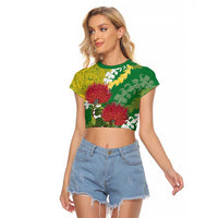 Personalized Leilehua Hawaii High School Raglan Cropped T Shirt Puakenikeni Lei Hawaiian Pattern - Polynesian Pride