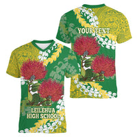 Personalized Leilehua Hawaii High School Women V-Neck T-Shirt Puakenikeni Lei Hawaiian Pattern - Polynesian Pride