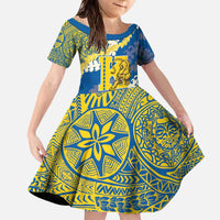Personalized Kaiser Hawaii High School Family Matching Off The Shoulder Long Sleeve Dress and Hawaiian Shirt Puakenikeni Lei Hawaiian Pattern LT14 Daughter's Dress Blue - Polynesian Pride