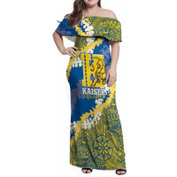 Personalized Kaiser Hawaii High School Family Matching Off Shoulder Maxi Dress and Hawaiian Shirt Puakenikeni Lei Hawaiian Pattern LT14 Mom's Dress Blue - Polynesian Pride