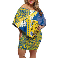 Personalized Kaiser Hawaii High School Family Matching Off Shoulder Short Dress and Hawaiian Shirt Puakenikeni Lei Hawaiian Pattern LT14 Mom's Dress Blue - Polynesian Pride