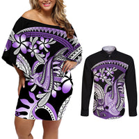 Purple Polynesian Couples Matching Off Shoulder Short Dress and Long Sleeve Button Shirt Hammerhead Shark Tattoo Royal Plumeria Gradient Vibes LT14 Purple - Polynesian Pride