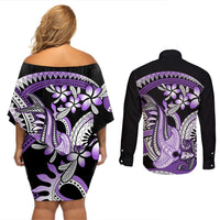 Purple Polynesian Couples Matching Off Shoulder Short Dress and Long Sleeve Button Shirt Hammerhead Shark Tattoo Royal Plumeria Gradient Vibes LT14 - Polynesian Pride