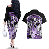 Purple Polynesian Couples Matching Off The Shoulder Long Sleeve Dress and Hawaiian Shirt Hammerhead Shark Tattoo Royal Plumeria Gradient Vibes LT14 - Polynesian Pride