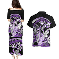 Purple Polynesian Couples Matching Puletasi and Hawaiian Shirt Hammerhead Shark Tattoo Royal Plumeria Gradient Vibes LT14 - Polynesian Pride