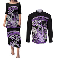 Purple Polynesian Couples Matching Puletasi and Long Sleeve Button Shirt Hammerhead Shark Tattoo Royal Plumeria Gradient Vibes LT14 Purple - Polynesian Pride