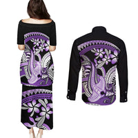 Purple Polynesian Couples Matching Puletasi and Long Sleeve Button Shirt Hammerhead Shark Tattoo Royal Plumeria Gradient Vibes LT14 - Polynesian Pride