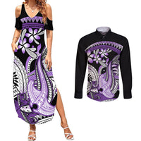 Purple Polynesian Couples Matching Summer Maxi Dress and Long Sleeve Button Shirt Hammerhead Shark Tattoo Royal Plumeria Gradient Vibes LT14 Purple - Polynesian Pride