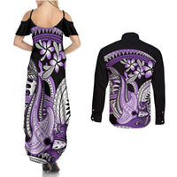 Purple Polynesian Couples Matching Summer Maxi Dress and Long Sleeve Button Shirt Hammerhead Shark Tattoo Royal Plumeria Gradient Vibes LT14 - Polynesian Pride