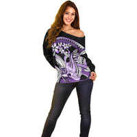 Purple Polynesian Off Shoulder Sweater Hammerhead Shark Tattoo Royal Plumeria Gradient Vibes LT14 - Polynesian Pride