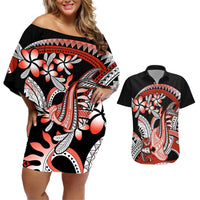 Red Polynesian Couples Matching Off Shoulder Short Dress and Hawaiian Shirt Hammerhead Shark Tattoo Royal Plumeria Gradient Vibes LT14 Red - Polynesian Pride