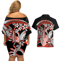 Red Polynesian Couples Matching Off Shoulder Short Dress and Hawaiian Shirt Hammerhead Shark Tattoo Royal Plumeria Gradient Vibes LT14 - Polynesian Pride