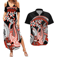 Red Polynesian Couples Matching Summer Maxi Dress and Hawaiian Shirt Hammerhead Shark Tattoo Royal Plumeria Gradient Vibes LT14 Red - Polynesian Pride