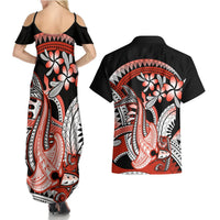 Red Polynesian Couples Matching Summer Maxi Dress and Hawaiian Shirt Hammerhead Shark Tattoo Royal Plumeria Gradient Vibes LT14 - Polynesian Pride