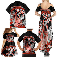 Red Polynesian Family Matching Summer Maxi Dress and Hawaiian Shirt Hammerhead Shark Tattoo Royal Plumeria Gradient Vibes LT14 - Polynesian Pride