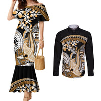 Gold Polynesian Hammerhead Shark Tattoo Couples Matching Mermaid Dress and Long Sleeve Button Shirt Royal Plumeria Gradient Vibes LT14 Gold - Polynesian Pride