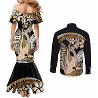 Gold Polynesian Hammerhead Shark Tattoo Couples Matching Mermaid Dress and Long Sleeve Button Shirt Royal Plumeria Gradient Vibes LT14 - Polynesian Pride