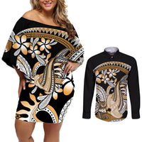 Gold Polynesian Hammerhead Shark Tattoo Couples Matching Off Shoulder Short Dress and Long Sleeve Button Shirt Royal Plumeria Gradient Vibes LT14 Gold - Polynesian Pride