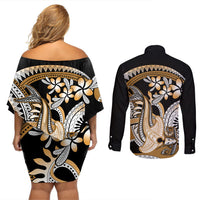 Gold Polynesian Hammerhead Shark Tattoo Couples Matching Off Shoulder Short Dress and Long Sleeve Button Shirt Royal Plumeria Gradient Vibes LT14 - Polynesian Pride