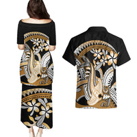 Gold Polynesian Hammerhead Shark Tattoo Couples Matching Puletasi and Hawaiian Shirt Royal Plumeria Gradient Vibes LT14 - Polynesian Pride