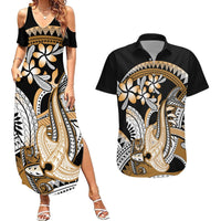 Gold Polynesian Hammerhead Shark Tattoo Couples Matching Summer Maxi Dress and Hawaiian Shirt Royal Plumeria Gradient Vibes LT14 Gold - Polynesian Pride