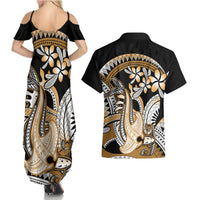 Gold Polynesian Hammerhead Shark Tattoo Couples Matching Summer Maxi Dress and Hawaiian Shirt Royal Plumeria Gradient Vibes LT14 - Polynesian Pride