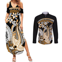 Gold Polynesian Hammerhead Shark Tattoo Couples Matching Summer Maxi Dress and Long Sleeve Button Shirt Royal Plumeria Gradient Vibes LT14 Gold - Polynesian Pride