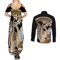 Gold Polynesian Hammerhead Shark Tattoo Couples Matching Summer Maxi Dress and Long Sleeve Button Shirt Royal Plumeria Gradient Vibes LT14 - Polynesian Pride