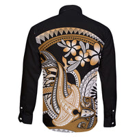 Gold Polynesian Hammerhead Shark Tattoo Family Matching Off Shoulder Maxi Dress and Hawaiian Shirt Royal Plumeria Gradient Vibes LT14 - Polynesian Pride