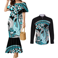 Turquoise Polynesian Hammerhead Shark Tattoo Couples Matching Mermaid Dress and Long Sleeve Button Shirt Royal Plumeria Gradient Vibes LT14 Turquoise - Polynesian Pride