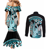 Turquoise Polynesian Hammerhead Shark Tattoo Couples Matching Mermaid Dress and Long Sleeve Button Shirt Royal Plumeria Gradient Vibes LT14 - Polynesian Pride