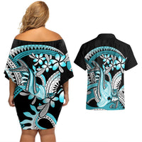Turquoise Polynesian Hammerhead Shark Tattoo Couples Matching Off Shoulder Short Dress and Hawaiian Shirt Royal Plumeria Gradient Vibes LT14 - Polynesian Pride