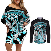 Turquoise Polynesian Hammerhead Shark Tattoo Couples Matching Off Shoulder Short Dress and Long Sleeve Button Shirt Royal Plumeria Gradient Vibes LT14 Turquoise - Polynesian Pride