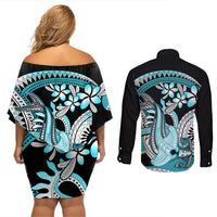 Turquoise Polynesian Hammerhead Shark Tattoo Couples Matching Off Shoulder Short Dress and Long Sleeve Button Shirt Royal Plumeria Gradient Vibes LT14 - Polynesian Pride