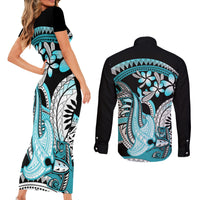 Turquoise Polynesian Hammerhead Shark Tattoo Couples Matching Short Sleeve Bodycon Dress and Long Sleeve Button Shirt Royal Plumeria Gradient Vibes LT14 - Polynesian Pride