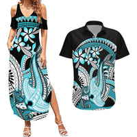 Turquoise Polynesian Hammerhead Shark Tattoo Couples Matching Summer Maxi Dress and Hawaiian Shirt Royal Plumeria Gradient Vibes LT14 Turquoise - Polynesian Pride