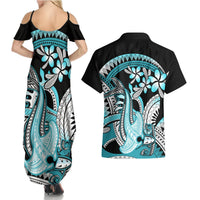 Turquoise Polynesian Hammerhead Shark Tattoo Couples Matching Summer Maxi Dress and Hawaiian Shirt Royal Plumeria Gradient Vibes LT14 - Polynesian Pride
