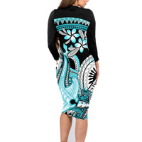 Turquoise Polynesian Hammerhead Shark Tattoo Family Matching Long Sleeve Bodycon Dress and Hawaiian Shirt Royal Plumeria Gradient Vibes LT14 - Polynesian Pride