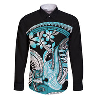 Turquoise Polynesian Hammerhead Shark Tattoo Family Matching Tank Maxi Dress and Hawaiian Shirt Royal Plumeria Gradient Vibes LT14 Dad's Shirt - Long Sleeve Turquoise - Polynesian Pride