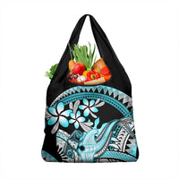 Turquoise Polynesian Hammerhead Shark Tattoo Grocery Bag Royal Plumeria Gradient Vibes