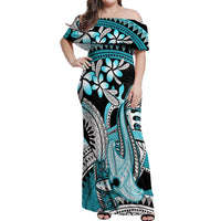 Turquoise Polynesian Hammerhead Shark Tattoo Off Shoulder Maxi Dress Royal Plumeria Gradient Vibes LT14 Women Turquoise - Polynesian Pride