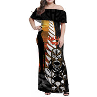 Custom New Zealand Silver Fern Rugby ANZAC Day Family Matching Off Shoulder Maxi Dress and Hawaiian Shirt 2024 All Black Tiki Mascot LT14 Mom's Dress Black - Polynesian Pride
