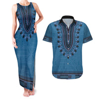 Blue African Dashiki With Fijian Tapa Pattern Couples Matching Tank Maxi Dress and Hawaiian Shirt
