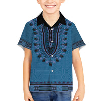 Blue African Dashiki With Fijian Tapa Pattern Family Matching Off Shoulder Short Dress and Hawaiian Shirt