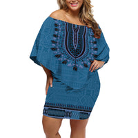 Blue African Dashiki With Fijian Tapa Pattern Off Shoulder Short Dress LT14 Women Blue - Polynesian Pride