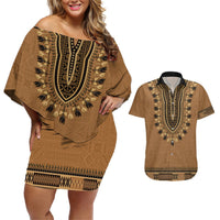 Brown African Dashiki With Fijian Tapa Pattern Couples Matching Off Shoulder Short Dress and Hawaiian Shirt LT14 Brown - Polynesian Pride